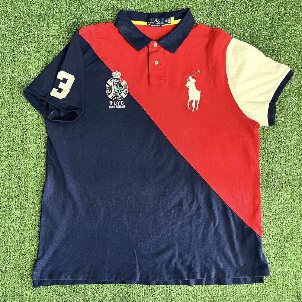 Polo Ralph Lauren Polo Shirt Mens 2XL Red Navy Colorblock Custom Fit Yacht Club